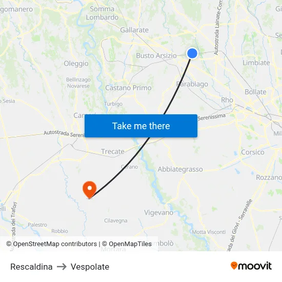 Rescaldina to Vespolate map