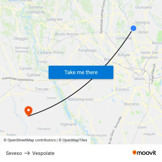 Seveso to Vespolate map