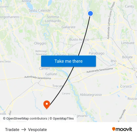 Tradate to Vespolate map