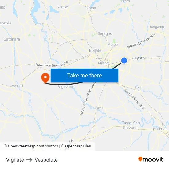 Vignate to Vespolate map