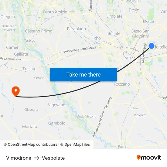 Vimodrone to Vespolate map