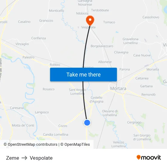 Zeme to Vespolate map