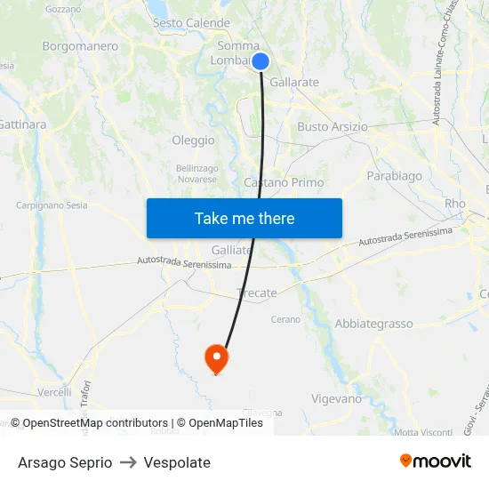 Arsago Seprio to Vespolate map