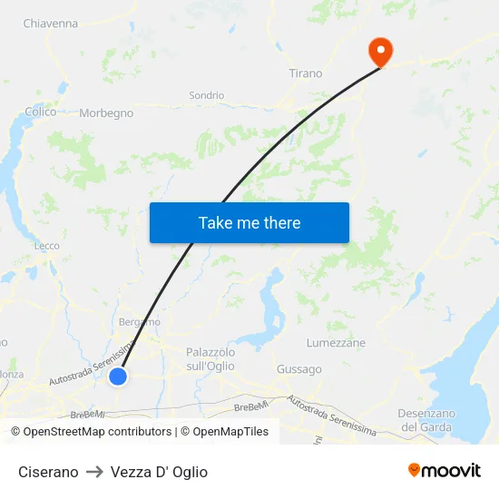 Ciserano to Vezza D' Oglio map