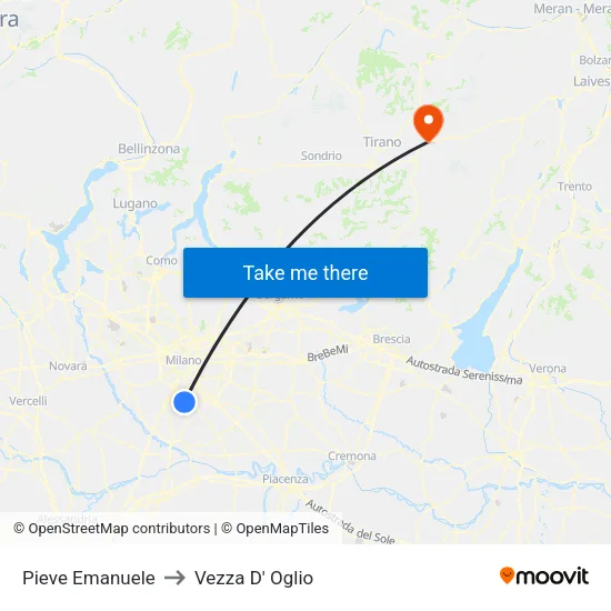 Pieve Emanuele to Vezza D' Oglio map