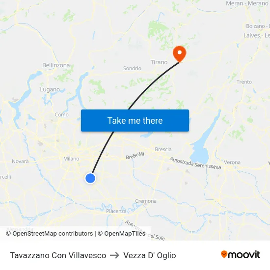 Tavazzano Con Villavesco to Vezza D' Oglio map