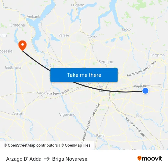 Arzago d'Adda to Briga Novarese map