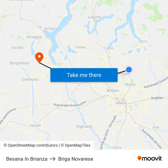 Besana in Brianza to Briga Novarese map