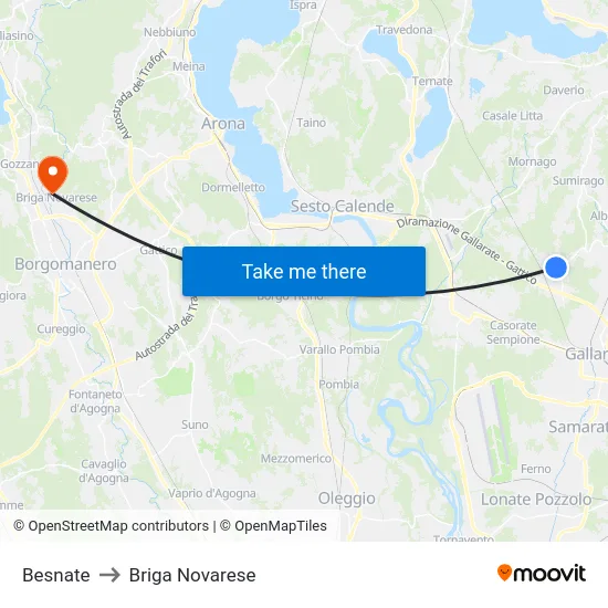 Besnate to Briga Novarese map