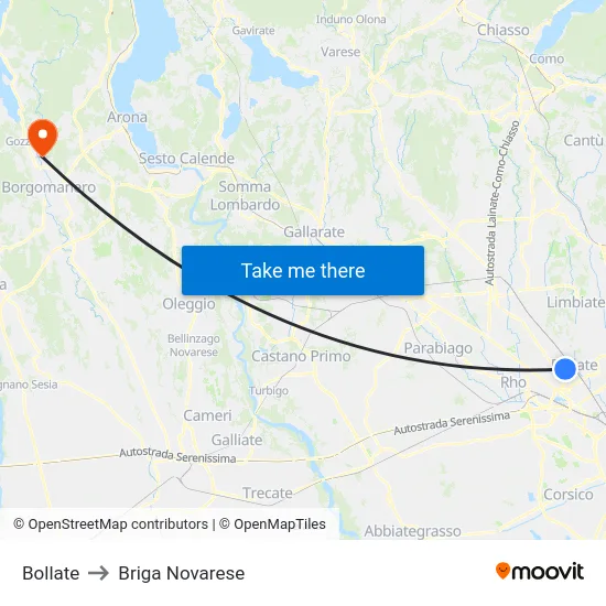 Bollate to Briga Novarese map