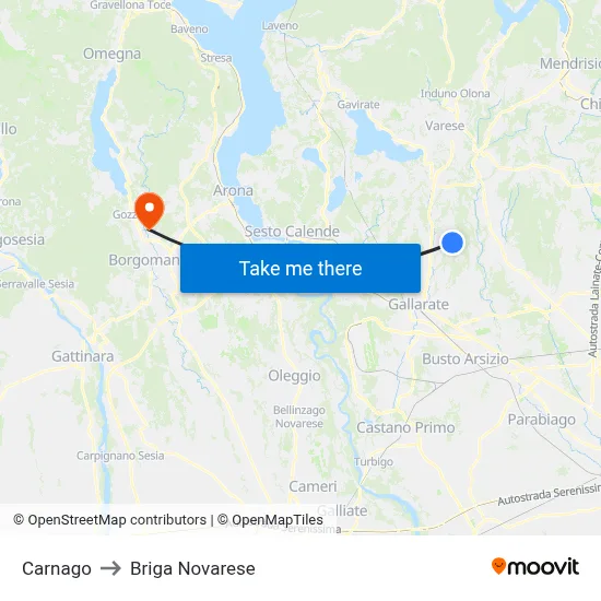 Carnago to Briga Novarese map