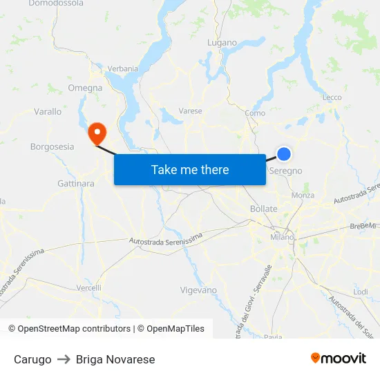 Carugo to Briga Novarese map