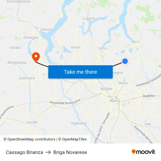Cassago Brianza to Briga Novarese map