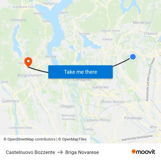 Castelnuovo Bozzente to Briga Novarese map