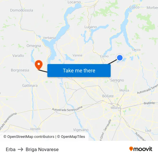 Erba to Briga Novarese map