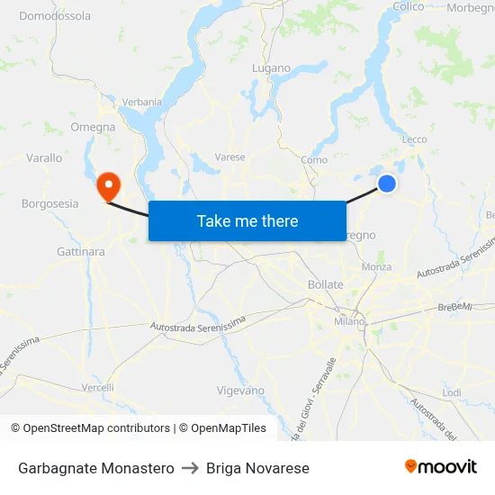 Garbagnate Monastero to Briga Novarese map