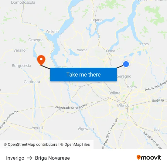 Inverigo to Briga Novarese map