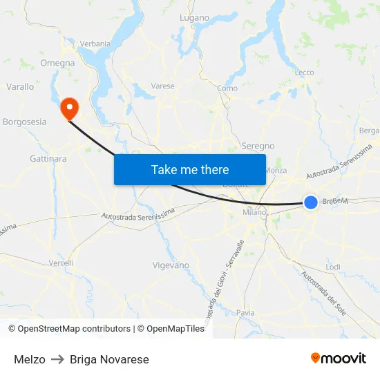 Melzo to Briga Novarese map