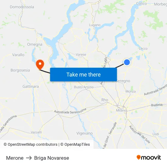 Merone to Briga Novarese map