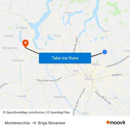 Montevecchia to Briga Novarese map