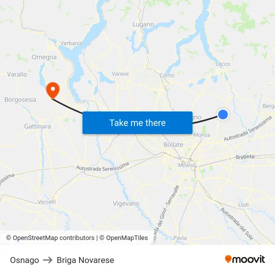 Osnago to Briga Novarese map