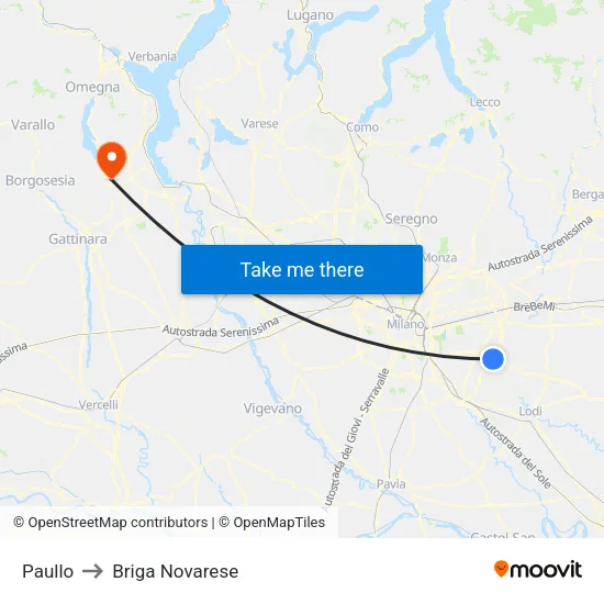 Paullo to Briga Novarese map