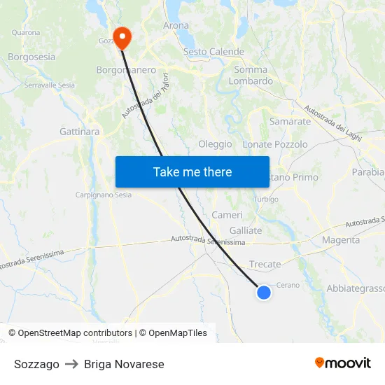 Sozzago to Briga Novarese map