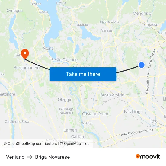 Veniano to Briga Novarese map