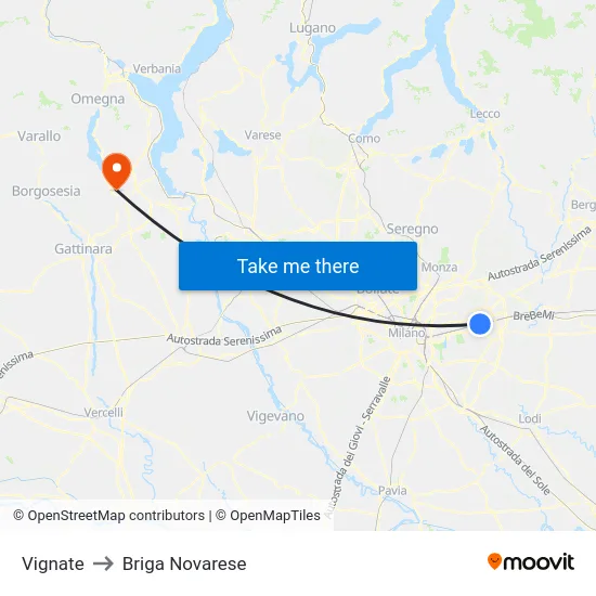 Vignate to Briga Novarese map