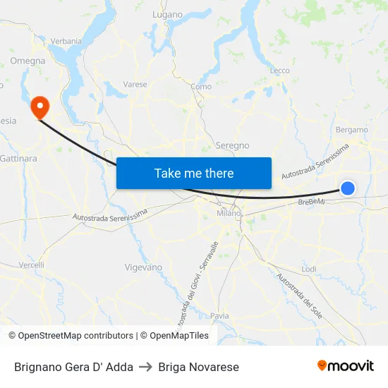 Brignano Gera d'Adda to Briga Novarese map