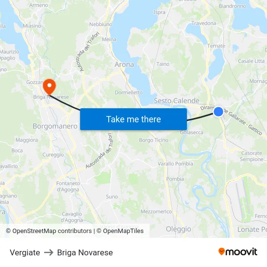 Vergiate to Briga Novarese map