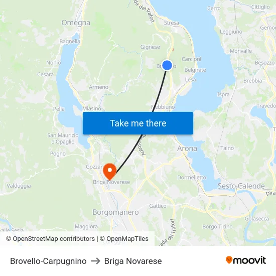 Brovello-Carpugnino to Briga Novarese map