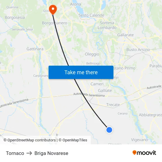 Tornaco to Briga Novarese map