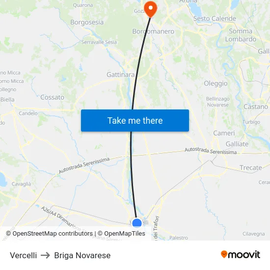 Vercelli to Briga Novarese map