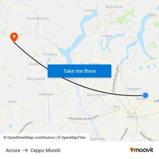 Arcore to Ceppo Morelli map
