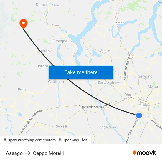 Assago to Ceppo Morelli map