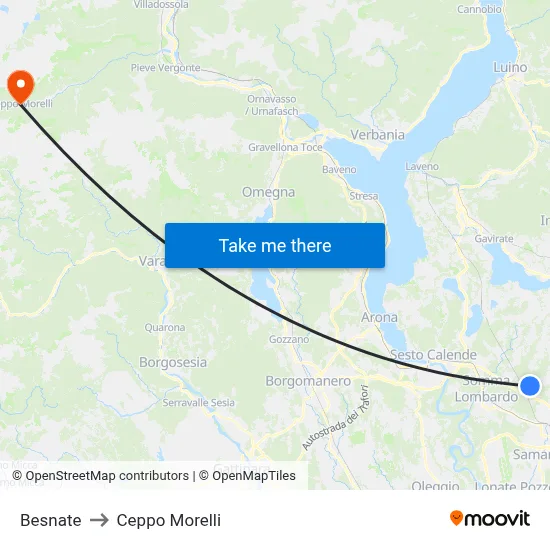 Besnate to Ceppo Morelli map