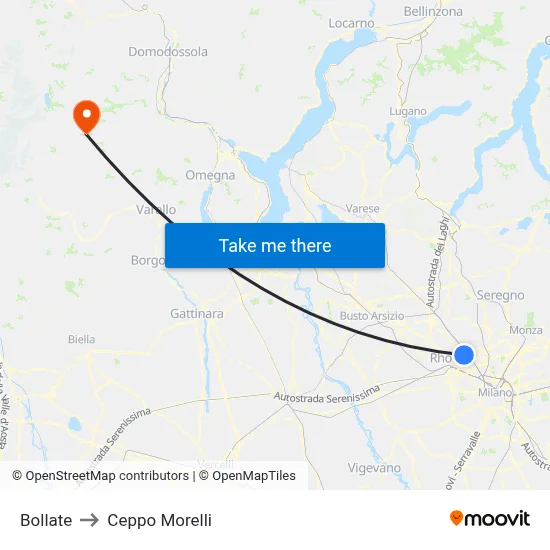 Bollate to Ceppo Morelli map