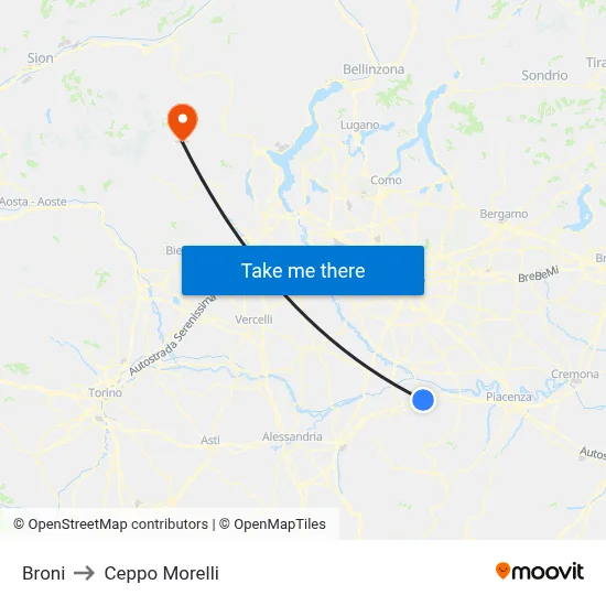Broni to Ceppo Morelli map