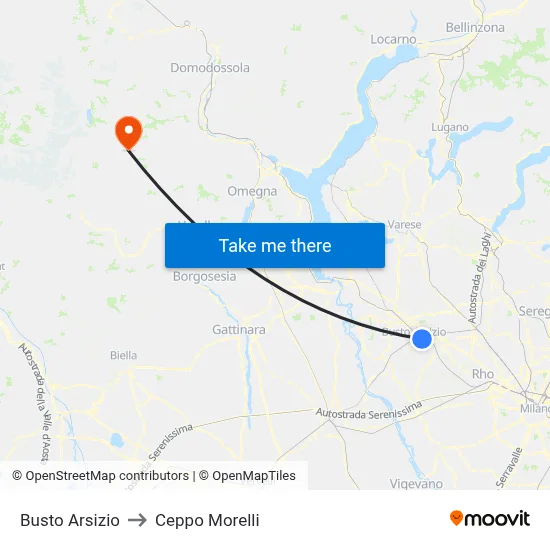 Busto Arsizio to Ceppo Morelli map