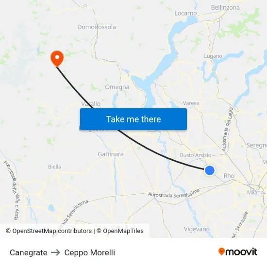 Canegrate to Ceppo Morelli map