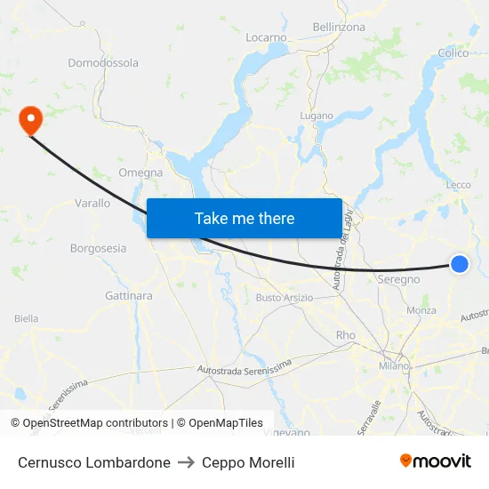 Cernusco Lombardone to Ceppo Morelli map
