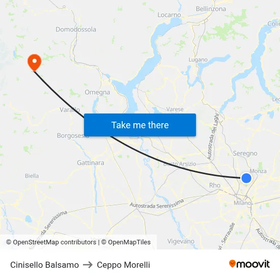 Cinisello Balsamo to Ceppo Morelli map