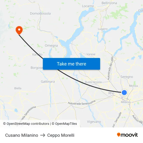 Cusano Milanino to Ceppo Morelli map