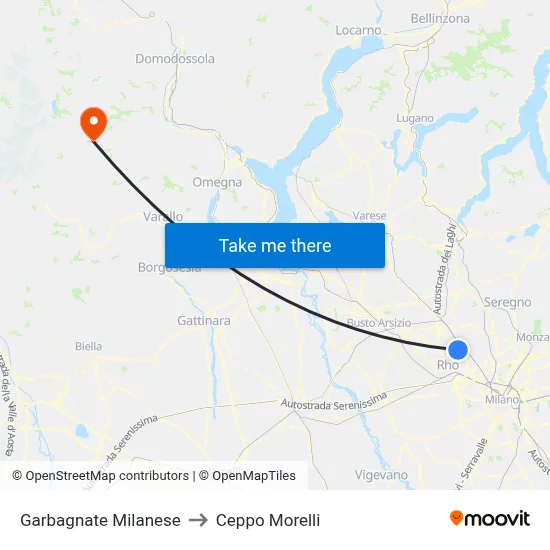 Garbagnate Milanese to Ceppo Morelli map