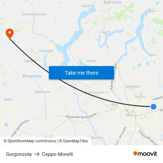 Gorgonzola to Ceppo Morelli map
