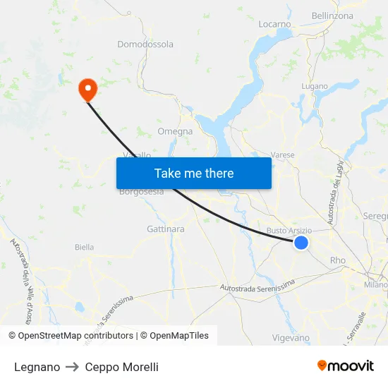 Legnano to Ceppo Morelli map