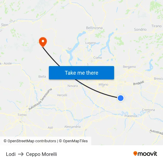 Lodi to Ceppo Morelli map