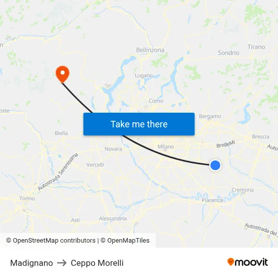 Madignano to Ceppo Morelli map