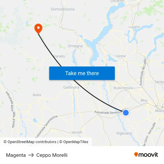 Magenta to Ceppo Morelli map